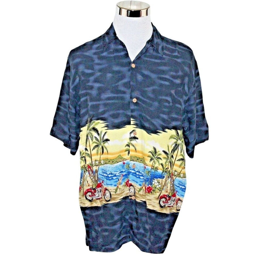 Island Collection Large Aloha Hawaiian Shirt Tiki Motorcycle Surf Boards Beach